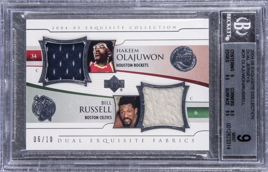 2004-05 UD "Exquisite Collection" Dual Jerseys #OR Hakeem Olajuwon/Bill Russell Game Used Patch Card (#09/10) - BGS MINT 9